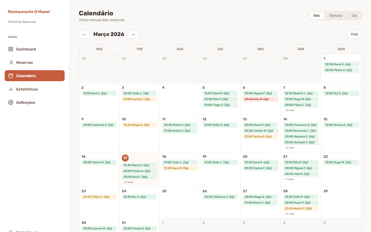 Calendário mensal com reservas do restaurante, mostrando disponibilidade e eventos